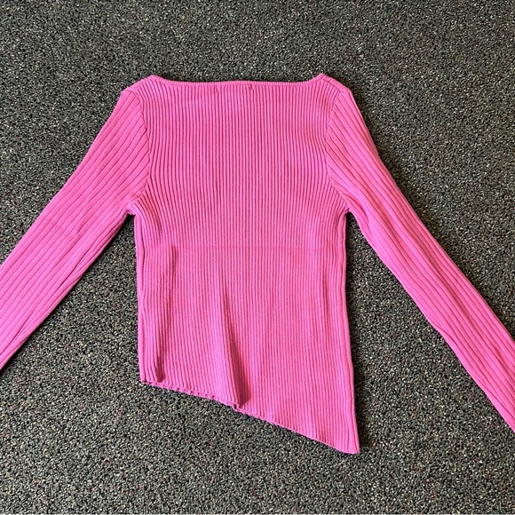 FOREVER21 NWT Bright Pink Square Neck Asymmetrical Ribbed Knit Sweater Shirt M - Picture 10 of 16